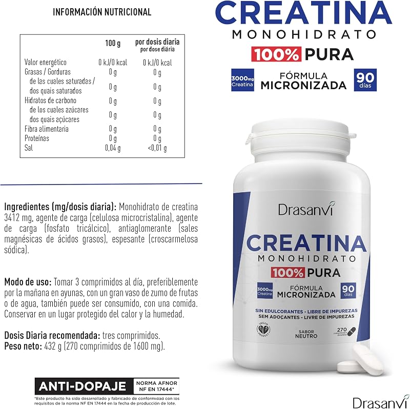 Creatina Monohidrato 100% Pura en Comprimidos, 270 Unidades
