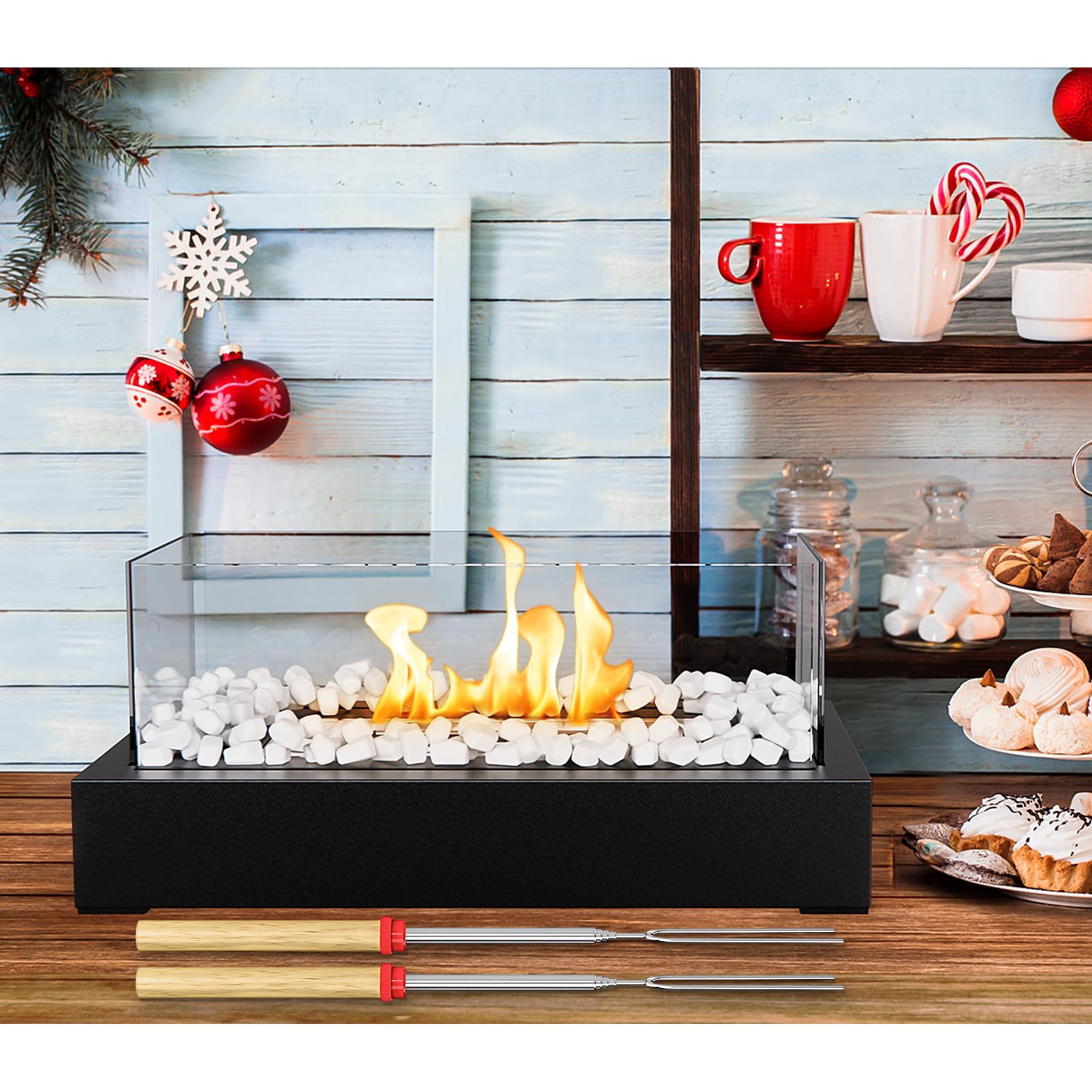 Tabletop Fire Pit With Roasting Sticks - Mini Alcohol Fireplace For Indoor/Outdoor Smores Making