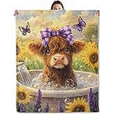 wyxdwh Cute Highland Cow with Bow Blanket, Cozy Flannel Calf Bubble Bath Throw Blanket for Couch Outdoor, Plush Soft Lightweight Travel Blankets for Bed Decor and Gifts, for Women Adults Kids 50"x60"