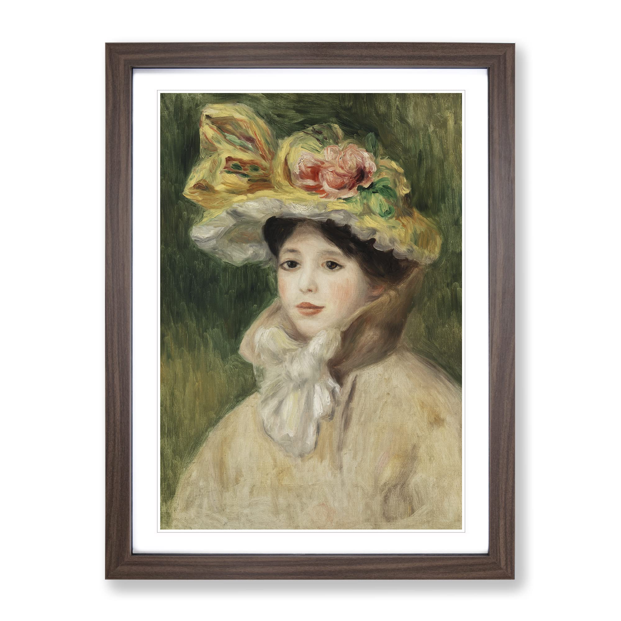 Woman With Capeline By Pierre Auguste Renoir Classic Painting Framed Wall Art Print, Ready to Hang Picture for Living Room Bedroom Home Office Décor, Walnut A4 (34 x 25 cm)