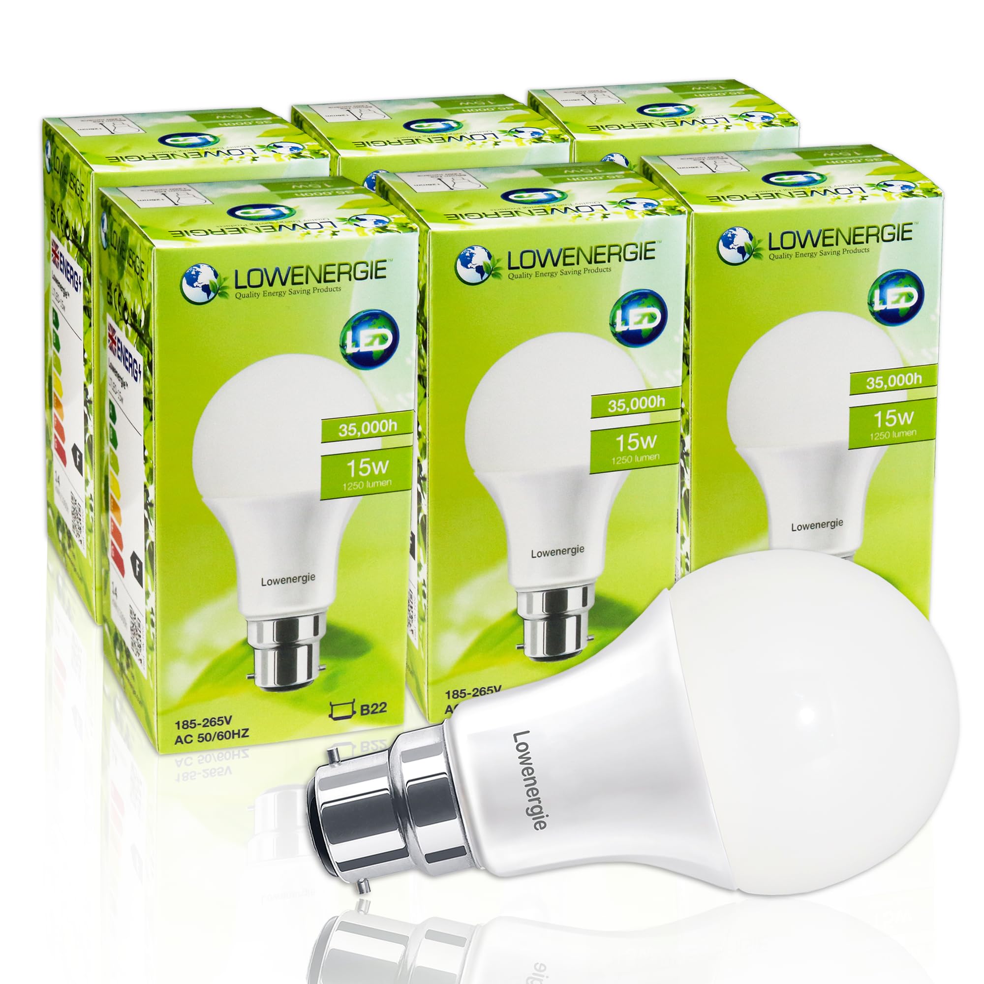 LOWENERGIE LED Light Bulb 15w B22 A65 GLS Energy Saving Lamp (Warm White 3000K (Day White 6500K, 6)