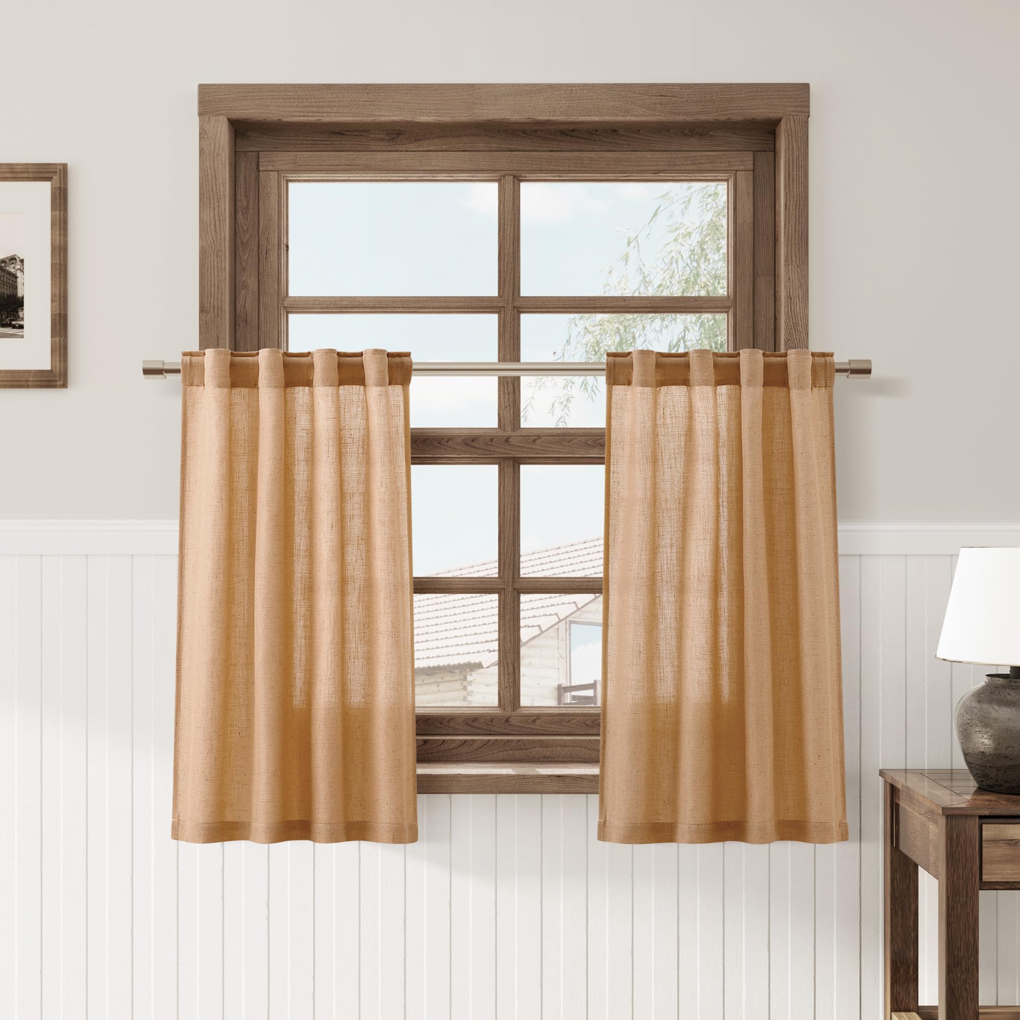 Photo 1 of Camel Kitchen Curtains 24 Inch Length 2 Panels Set Linen Blend Semi Sheer Light Filtering Back Tab Rod Pocket Short Tier Curtains for Small Windows Cafe Bathroom Rustic Neutral RV 26Wx24L