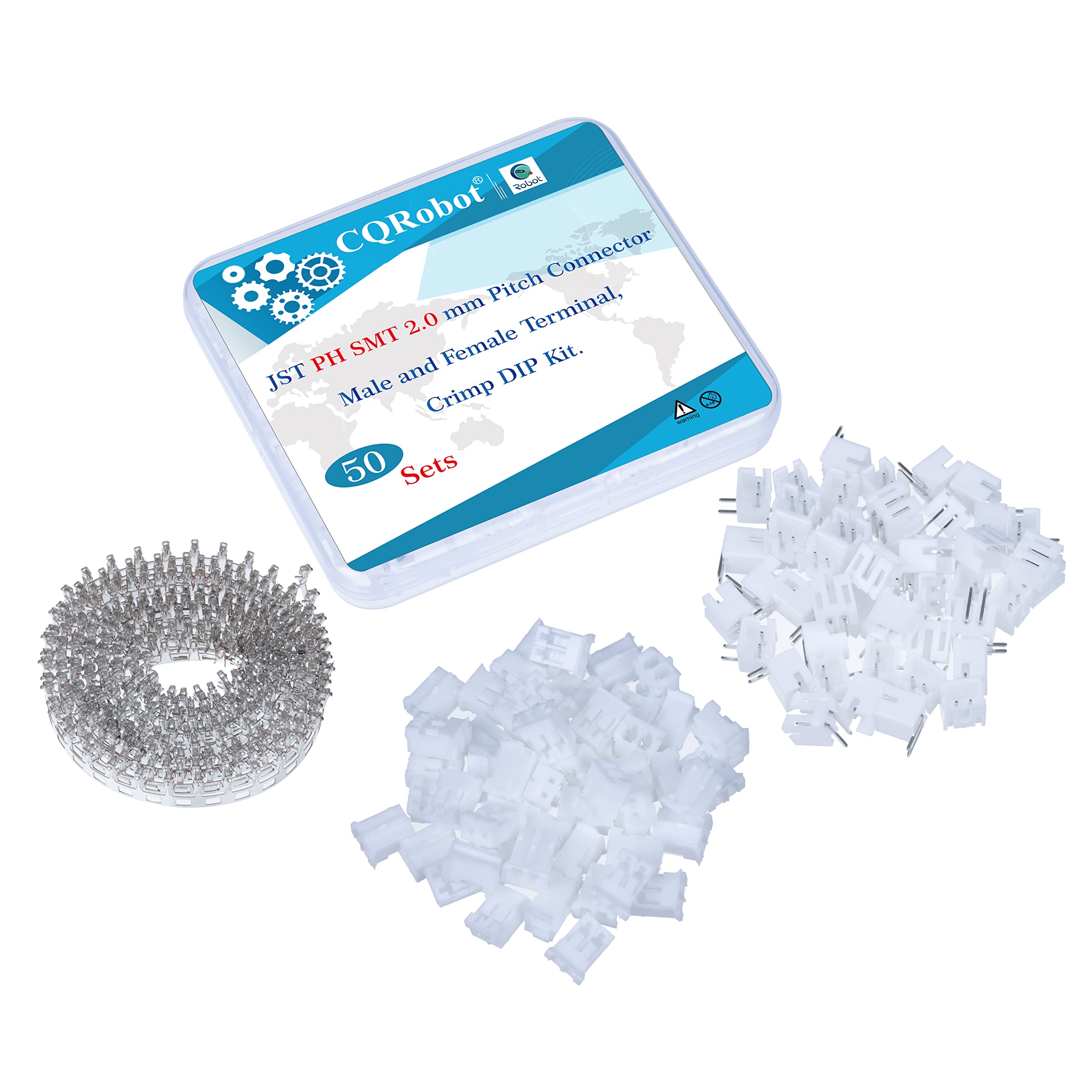 CQRobot JST PH SMD 2.0 mm Pitch 2-Pin Electronic Computer Connector IC Male Plugs, Female Sockets Housing and T-Shaped Crimp Terminal Kit.. 50 Sets/200 Pieces Wire-to-Board Adapter Cable Assembly.