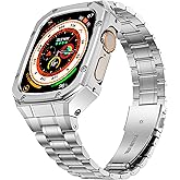 HASLFM Stainless Steel Watch Band and Case Compatible with Apple Watch Ultra 3/2/1 (49mm),Adjustable Metal Strap and Rugged Protector Cover for iWatch Men,Silver