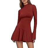 COCCKO Women's Sweater Dress Crochet Ribbed Knit Ruffle Hem Flared Long Sleeve Mock Neck Mini Dress
