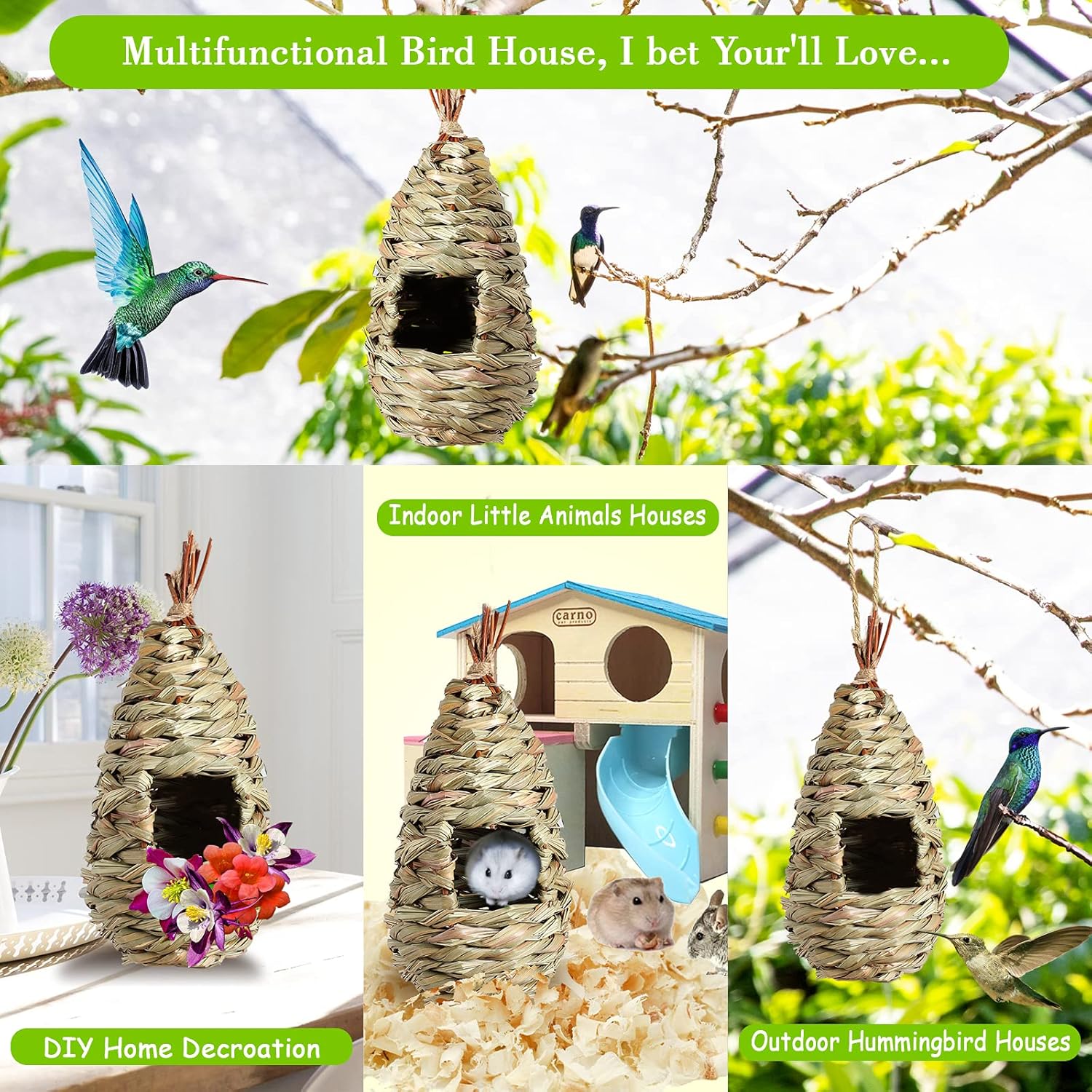 PiiSheou 4 Pack Hummingbird Houses for Outside, Hand Woven Natural Grass Hanging Birdhouse with Rope, Water Drop Shape Outdoor Bird House, Bird Lovers Gifts for Audubon Finch Canary Chickadee : Garden & Outdoor