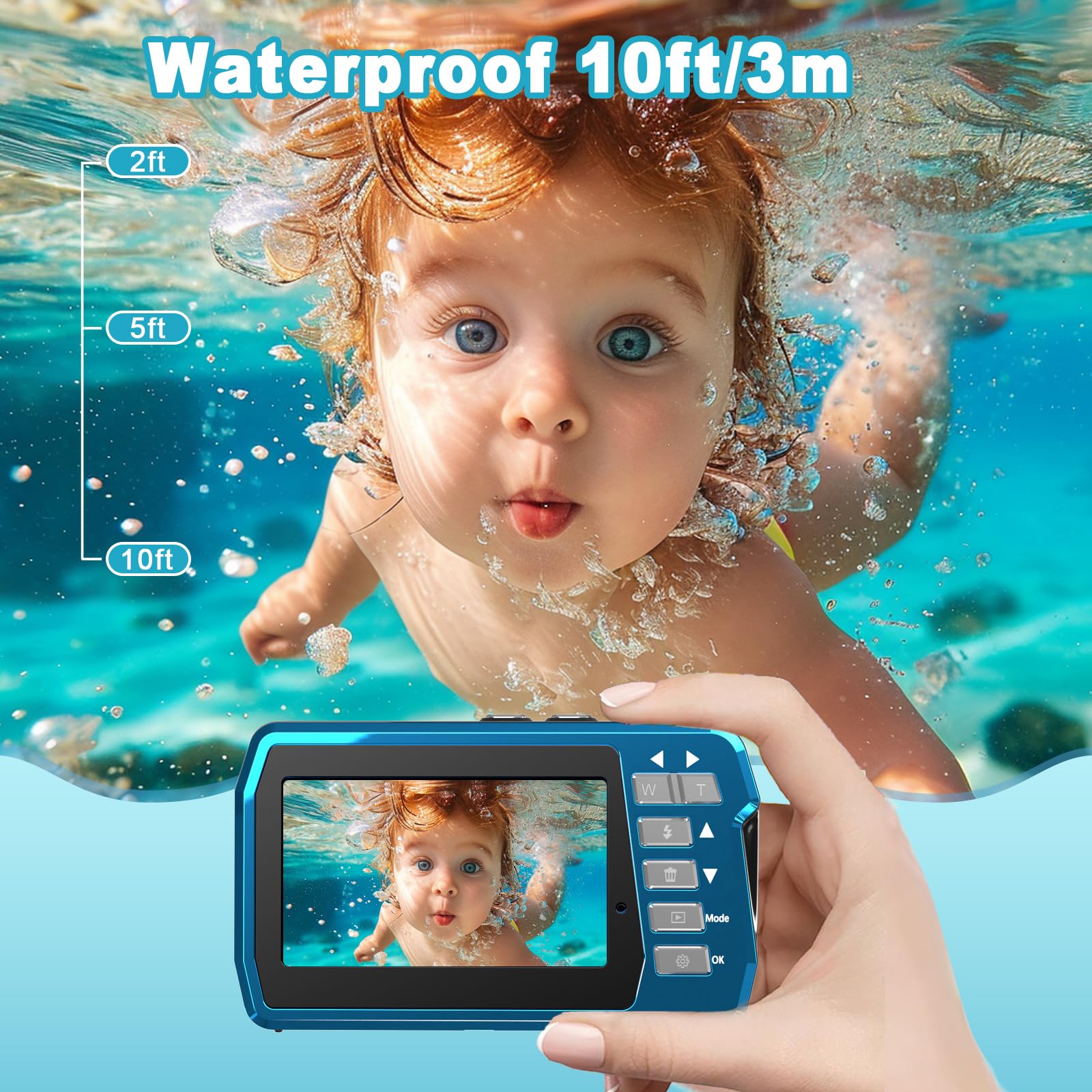 Waterproof Digital Camera, Underwater Camera with 32GB Card(Installed), 4K FHD 48MP Dual-Screen Selfie Under Water Camera for Photography, 10FT Waterproof Camera for Snorkeling, Surfing, Rafting