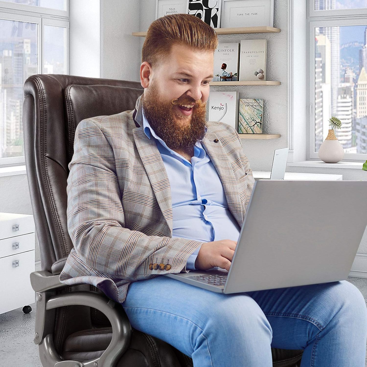 400lb Big & Tall Office Chair - High Back Bonded Leather Executive Managerial Chair, Heavy Duty Metal Base Adjustable Height Thick Padded Seat Ergonomic Design Large Computer Swivel Task Desk Chair: Kitchen & Dining