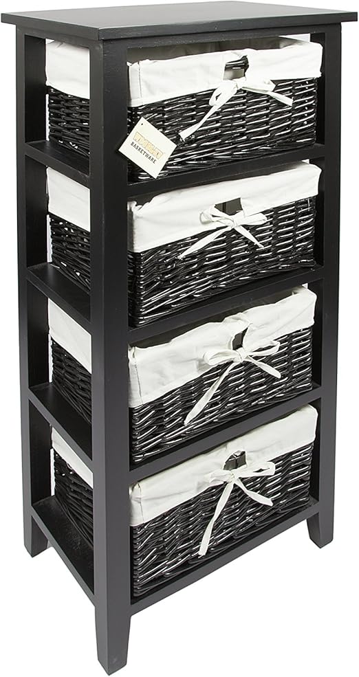 Woodluv 4 Drawer Wooden Storage Cabinet With Wicker Drawers