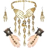 Bonuci Halloween Pirate Jewelry for Women Pirate Skeleton Tassel Charm Necklace Collar Bib Gothic Lace Team punk Bracelet Skull Dangle Earrings Horror Set, Gold