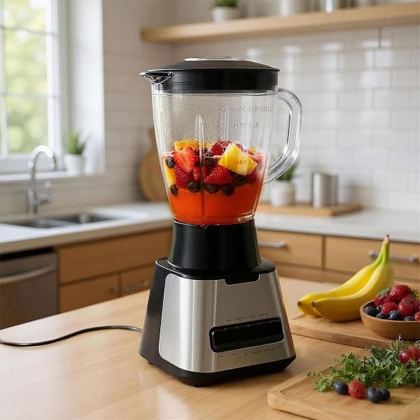 AMAZON BASICS POWERFUL 700W COUNTERTOP BLENDER WITH 6-CUP (50 FL. OZ) GLASS JAR, 6 PRE-PROGRAMMED FUNCTIONS, ICE CRUSH, STAINLESS STEEL BLADES, BLACK & SILVER