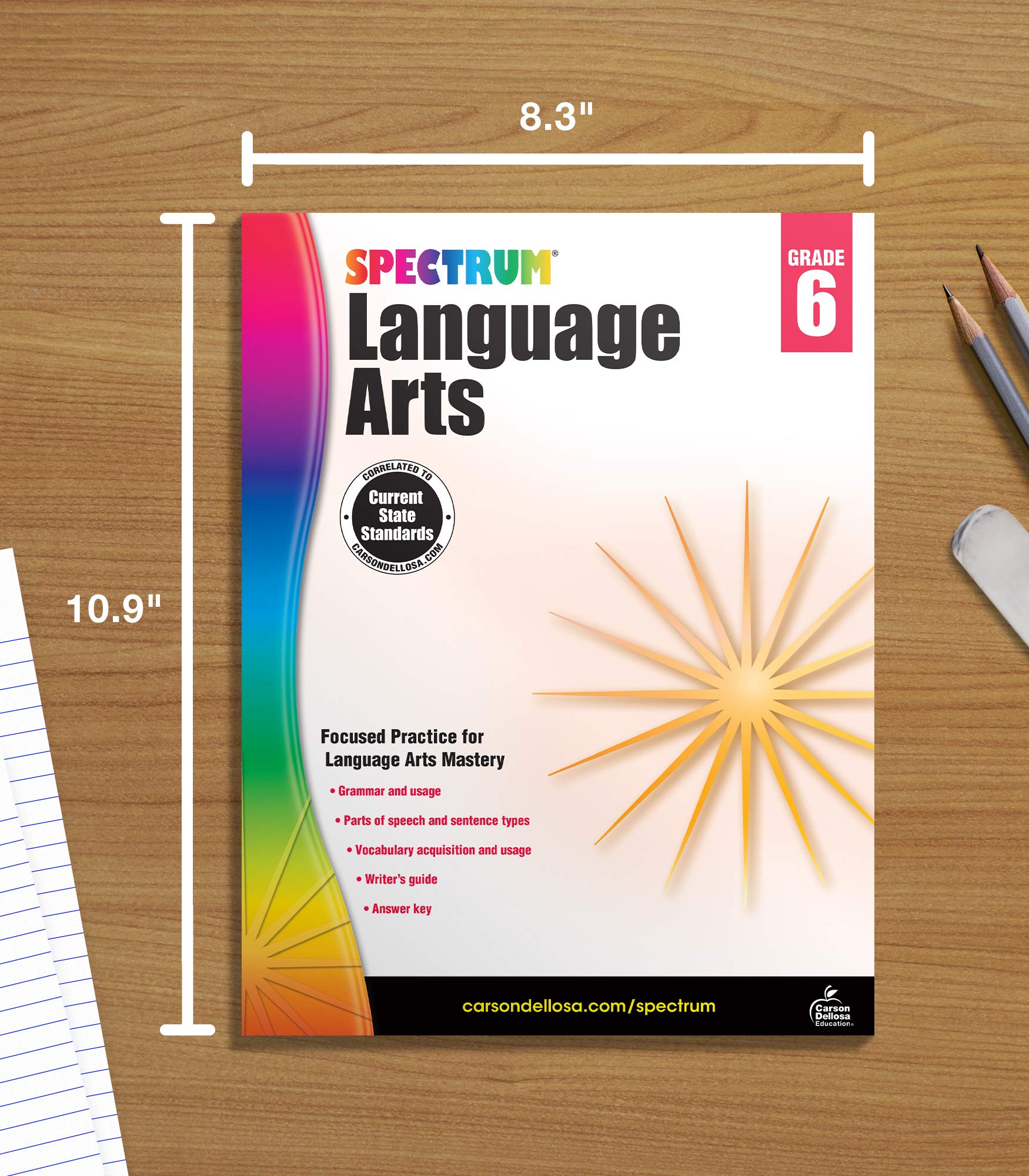 Spectrum Language Arts Grade 6, Ages 11 to 12, Grade 6 Language Arts, Vocabulary, Sentence Types, Parts of Speech, Writing Practice, and Grammar Workbook - 184 Pages