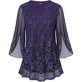 VALOLIA Women's 3/4 Sleeve Floral Tunic Tops V Neck Double Layers Loose Fit Mesh Blouses Shirt