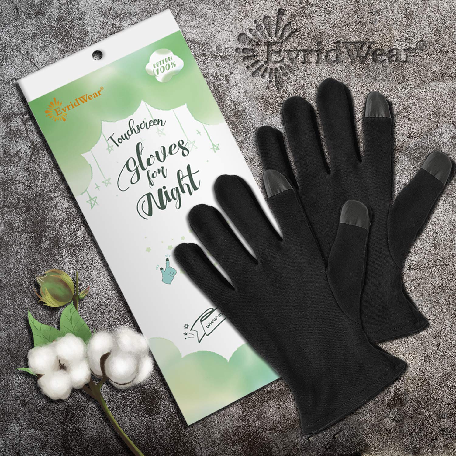 EvridWear 100% Cotton Touchscreen Moisturizing Beauty Gloves with Elastic Cuff, Natural Cosmetic Therapy Gloves for Eczema SPA Dry Hands Care Overnight (Black, Large) 2 Pairs : Beauty