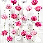 Hot Pink White Party Decorations Ombre Pink White Tissue Paper Flowers Pom Pom Leaf Ribbon Hanging Streamer Garland for Women Girls Birthday Bachelorette Baby Shower Wedding Flamingo Party Supplies