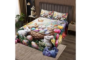 Easter Eggs Kids Bedspread King Size,Cute Rabbit Animal Easter Coverlet Set,Girls Boys Room Decor,Tulip Floral Leaf Butterfly
