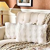 AmHoo Pack of 2 Throw Pillow Covers 3D Dense Faux Rabbit Fur Cozy Super Soft Fuzzy Set Case Cushion for Couch Sofa Bedroom 12 x 20-Inch Cream White