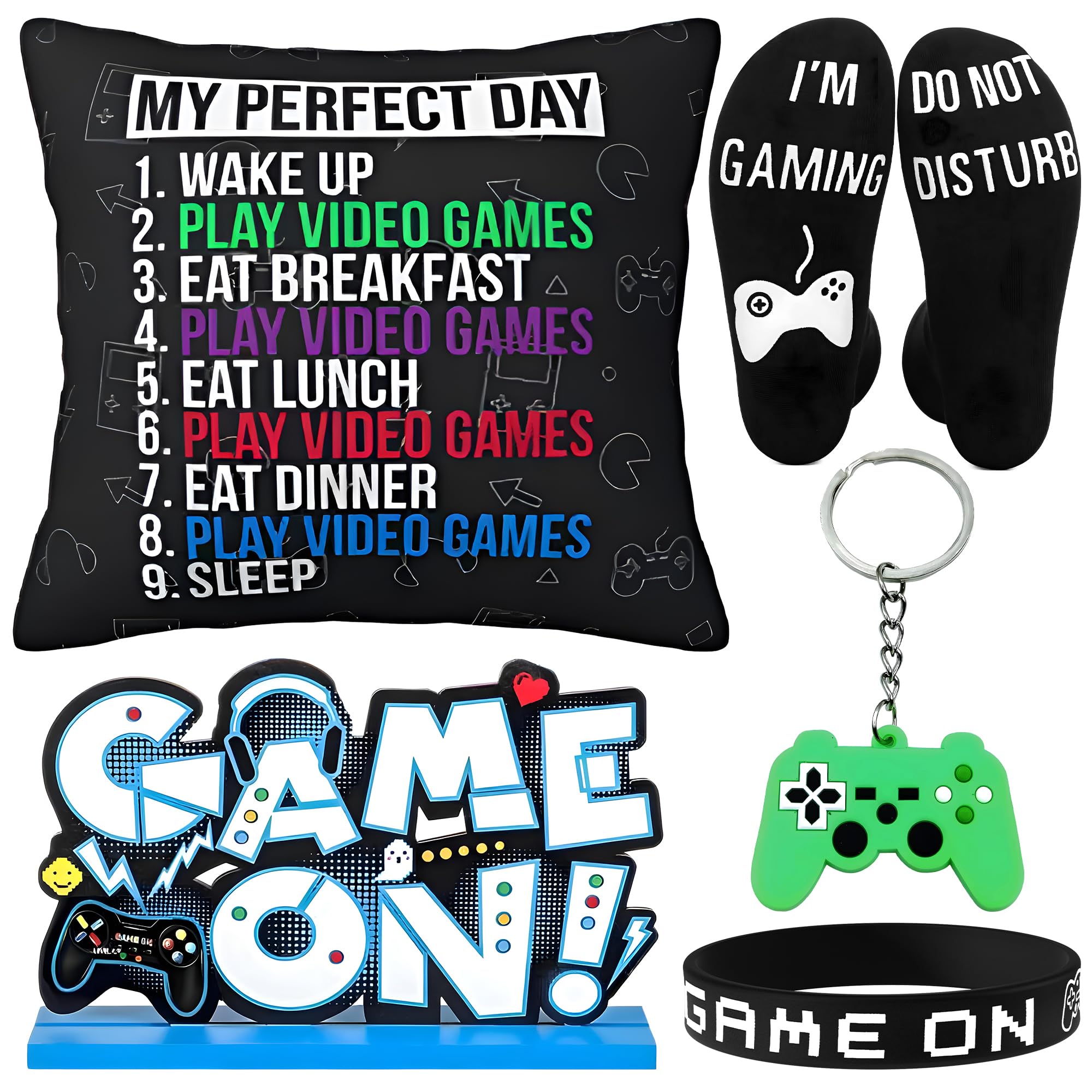 Photo 1 of KatchOn, Gamer Gift Set - Pack of 5 | Pillow Cover, Socks, Keychain, Bracelet & Centerpiece | Birthday, Gaming Gift for Boys, Men, Boyfriend | Gaming Accessories | Game Room Accessories and Decor