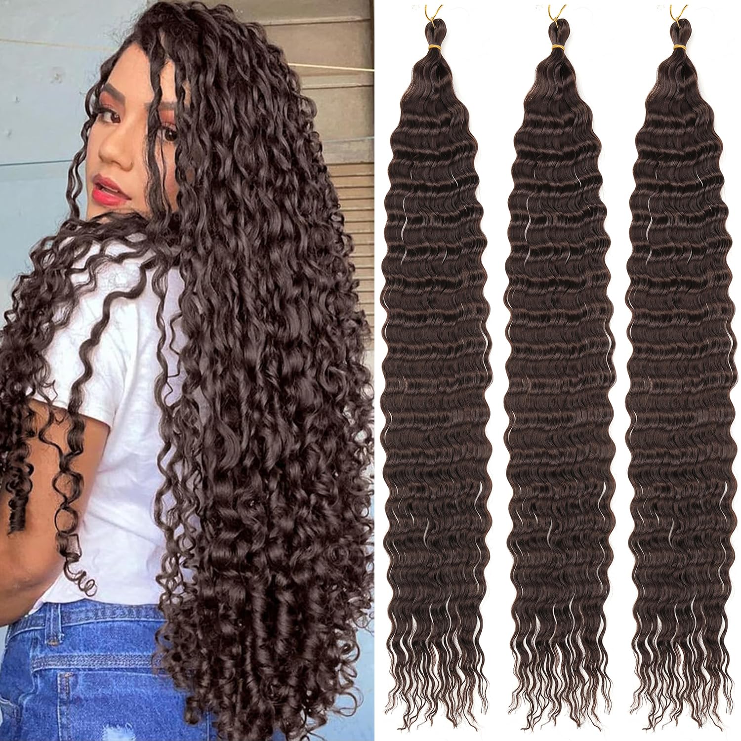 Mscat 24 Inch Ocean Wave 3Pack Crochet hair Extexsions Long Braids Dark Brown Deep wave Synthetic hair Curly Braiding hair for Black Women 4#