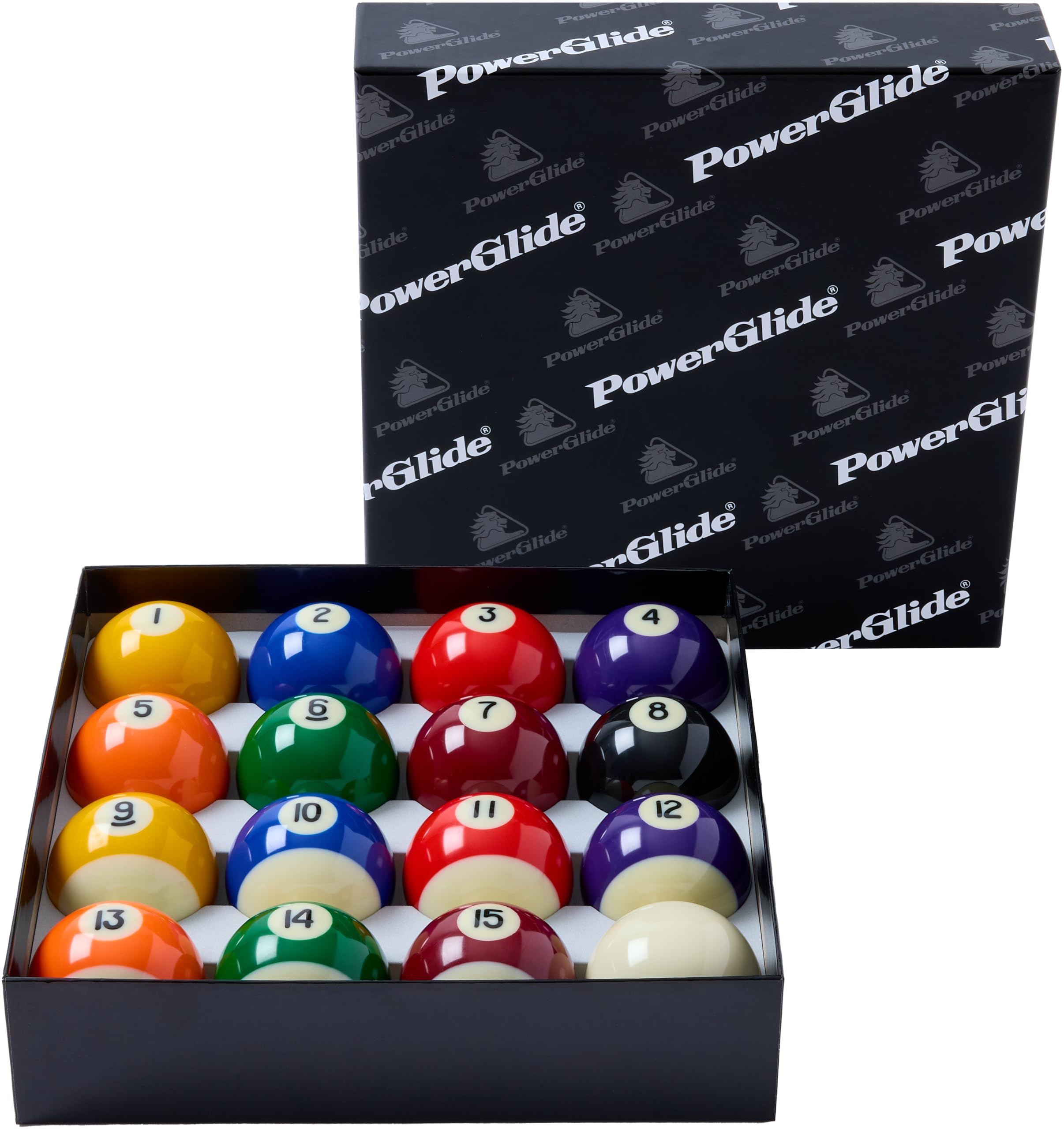 POWERGLIDE 16 Ball Pool Billiards Set | Spots and Stripes | Tournament | 2" / 50.8mm Diameter, with 1 7/8" / 47.6mm White Ball | Boxed | For Coin Operated Tables