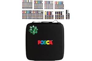 Posca Exclusive Holiday Paint Markers Gift Set of 62 with Case, Great for Kids and Adults, For Coloring Christmas Decorations, Canvas, Glass or Wood, Includes 350, 1MR, 1M, 3M, 5M, 7M, 8K, & 17K