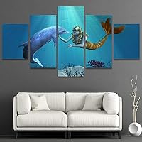 SIGNWIN Framed Canvas Wall Art A Friendly Dolphin Greets a Mermaid Undersea Coastal Ocean Photography Modern Art Contemporary Panoramic Relax/Calm for Living Room, Bedroom, Office - 60