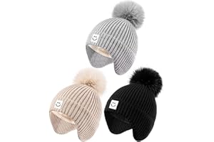 ALEPO 3 Pack Baby Winter Hats with Earflaps, 2 Size Kids Pom Pom Beanie for Infant Toddler Children, Smiley Face Hat for Girls Boys