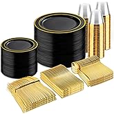 bUCLA 600PCS Black and Gold Disposable Dinnerware Set - Black Plastic Plates Disposable for Party Include 100 Dinner&100 Dessert Plates,100 Knives,100 Forks,100 Spoons,100 Cups for Party & New Year