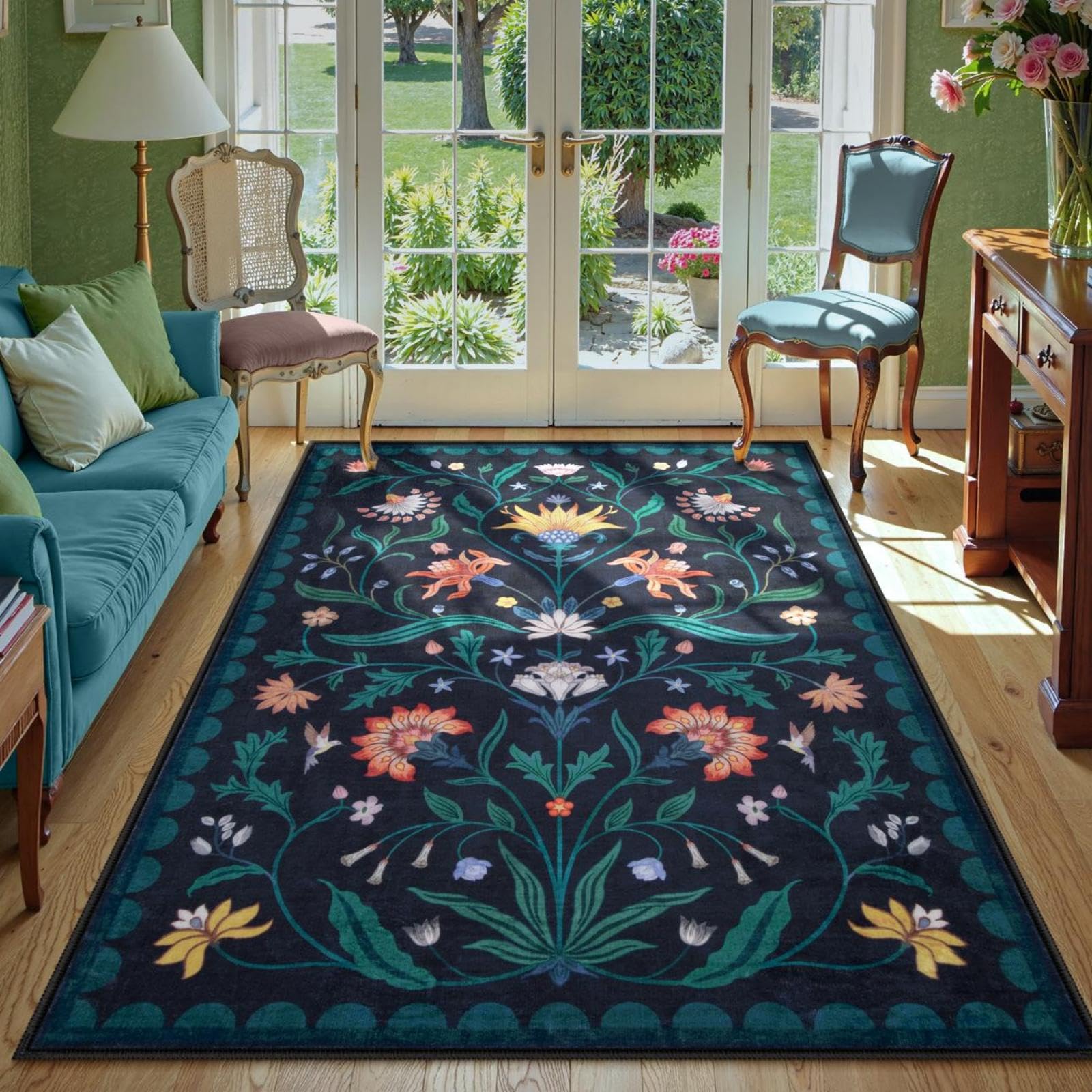 Photo 1 of Lahome Boho Floral Washable Blue 5x7 Area Rugs for Living Room, Non Slip Rugs for Bedroom Entryway, Indoor Ultra-Thin Throw Dining Room Carpet for Under Table Kitchen Dorm(Dark Blue,5x7)