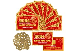Capoda 25 Counts Chinese New Year Fortune Cards 2024 Year of The Dragon Scratch Off Game Cards with 30 Feng Shui Chinese New Year Coin Chinese Decoration Lunar New Year for Presents New Year Eve Party