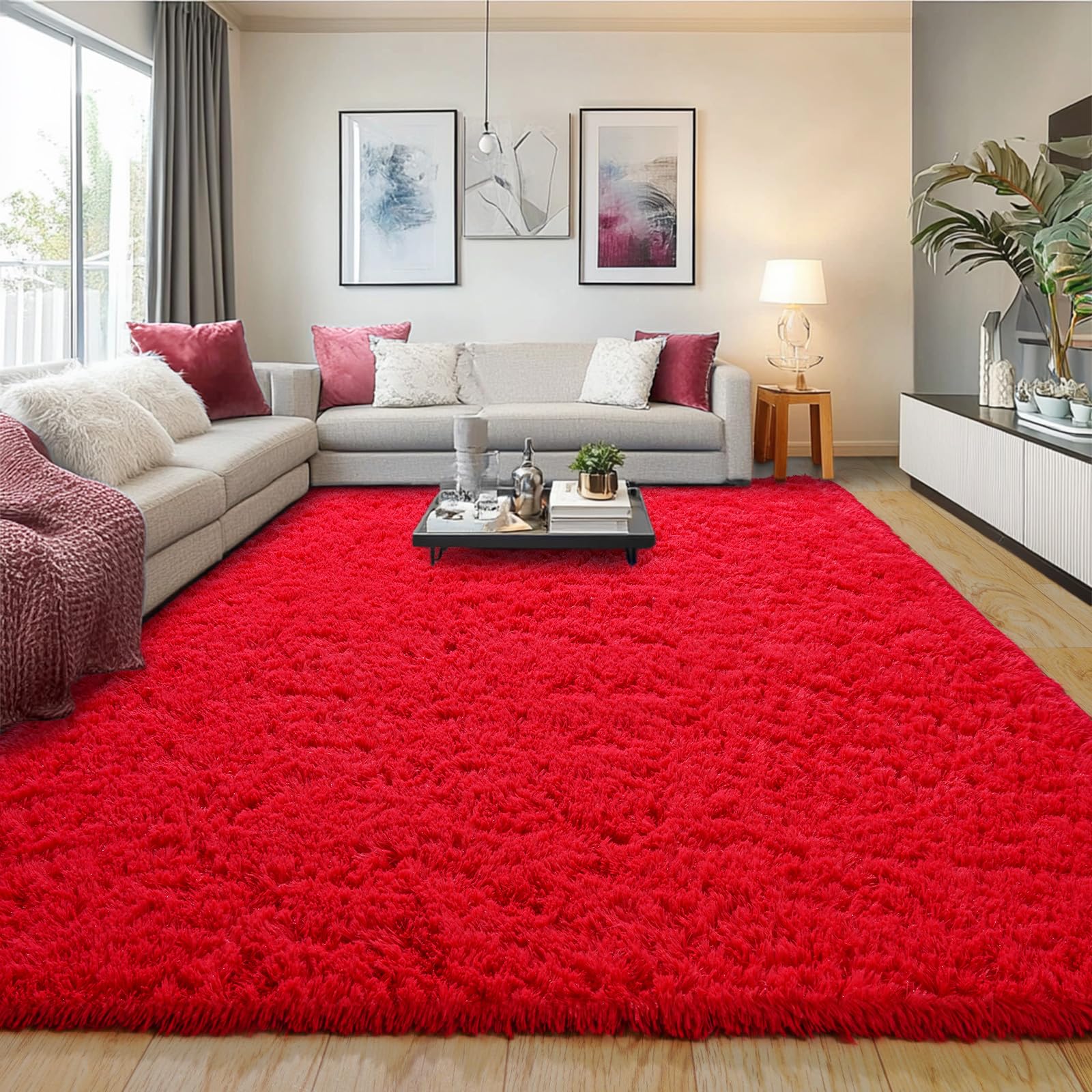 Photo 1 of Pionblank 9x12 Area Rug for Living Room, Shag Large Rug for Bedroom, Soft Furry Non Slip Carpet for Kids Room Nursery Teens Dorm Home Decor, Red