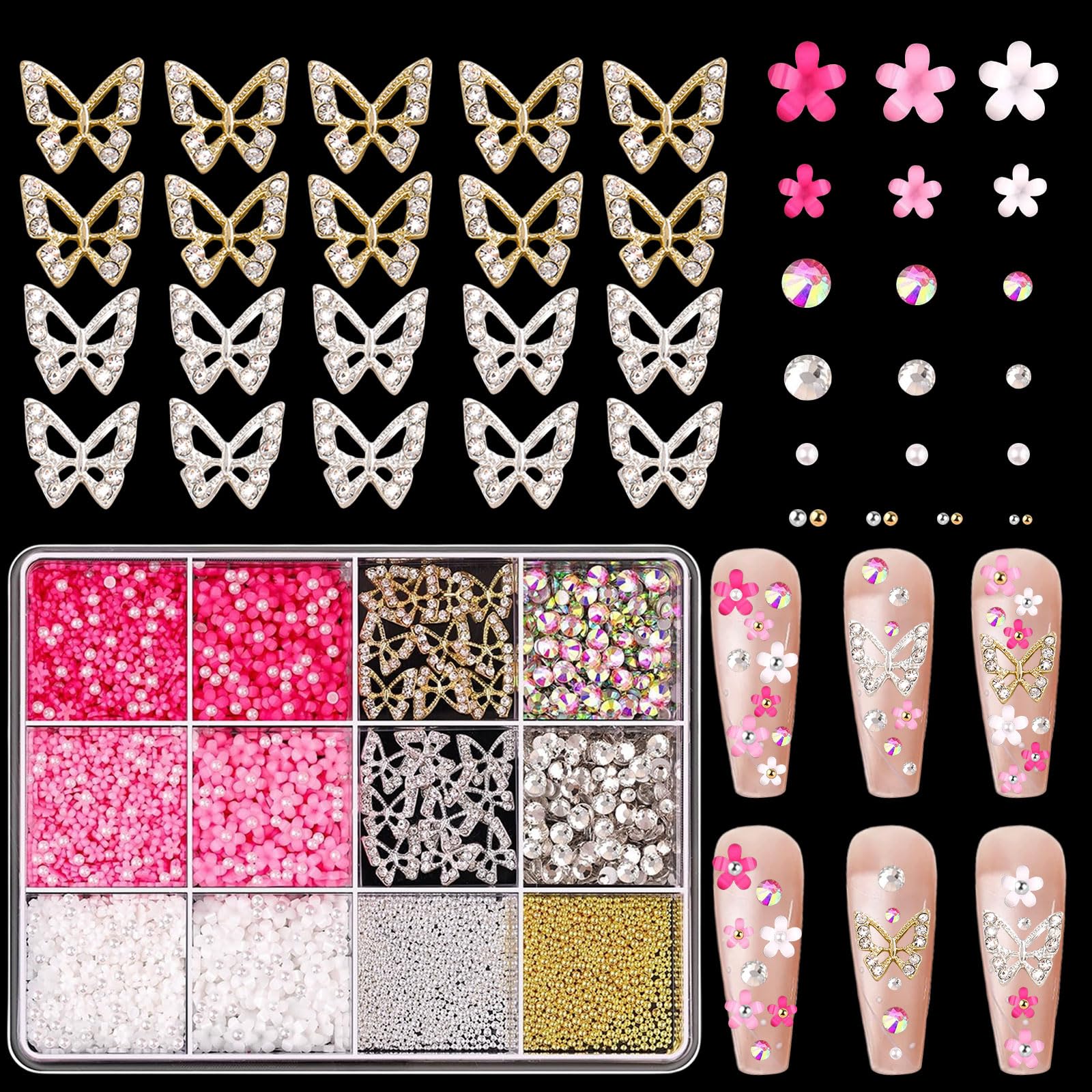 Symphonyw 3D Flower & Butterfly Nail Charms, 12pcs Gold & Silver Resin Nail Art Accessories — image 1