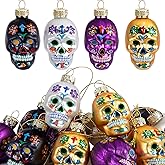 12 Pcs Day of The Dead Glass Ornaments- Dia De Los Muertos Sugar Skull Decorations- Halloween Hanging Skeleton Head Ornaments for Parties Xmas Tree Decoration