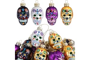 WATAYO 12 Pcs Day of The Dead Glass Ornaments- Dia De Los Muertos Sugar Skull Decorations- Halloween Hanging Skeleton Head Ornaments for Parties Xmas Tree Decoration