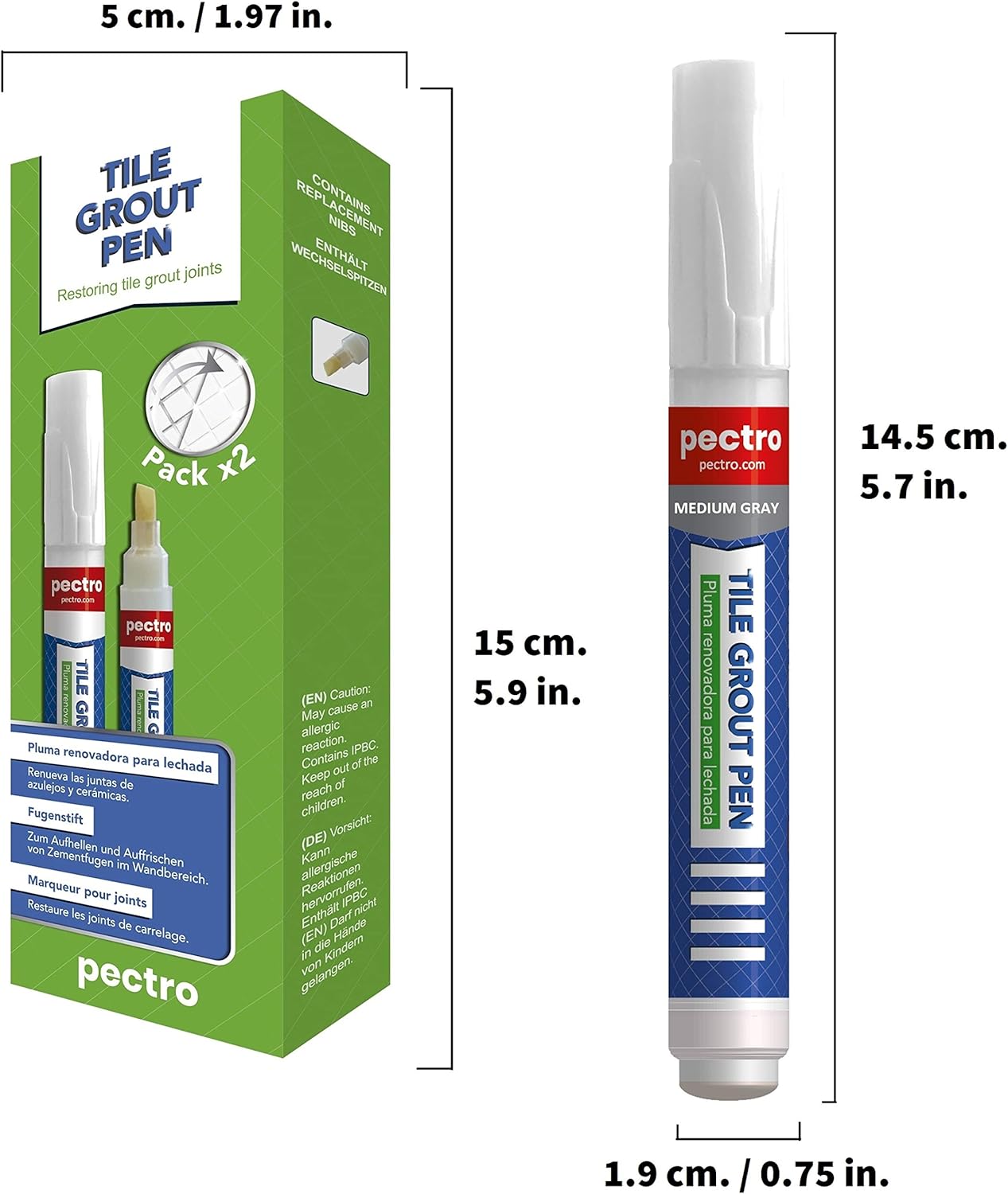 Tile Grout Pen Grey | Pack x 2 Units | Restore and Renew Grout Tile Lines in bathrooms & Kitchens | Gray Light - Medium - Dark (0, 27oz - 8ml x Unit) | Grout Reviver (Light Gray) - - 