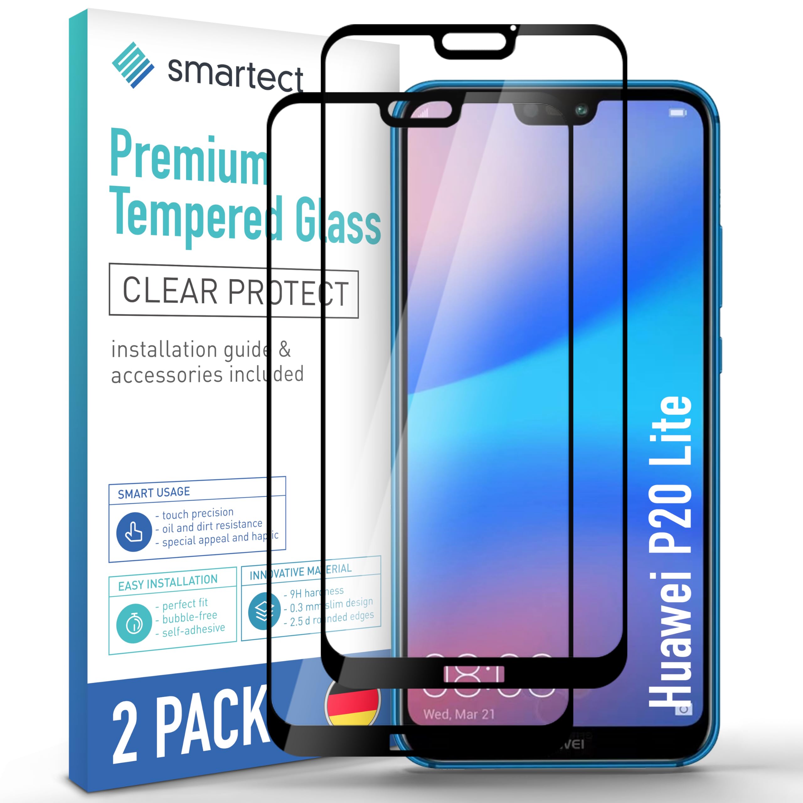 smartect Glass Screen Protector [2 Pieces, Full Screen] for Huawei P20 Lite, HD Protective Film Anti Scratch, Bubble Free, 9H Hardness, Ultra Resistant