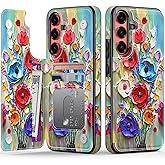 FUNMIKO for Samsung Galaxy S25 Wallet Case with Card Holder, RFID-Blocking, Military-Grade Protection & Floral Animal Design, Magnetic Closure with Leather Kickstand - Abstract Flowers