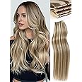 WIGNEE New Double Layered PU OVO Hair Extensions Blonde Ombre Straight Human Hair weft with beads 100% Real Human Hair Extensions 18 Inch Seamless Micro Beads Human Hair Extensions Glueless (9A/60)