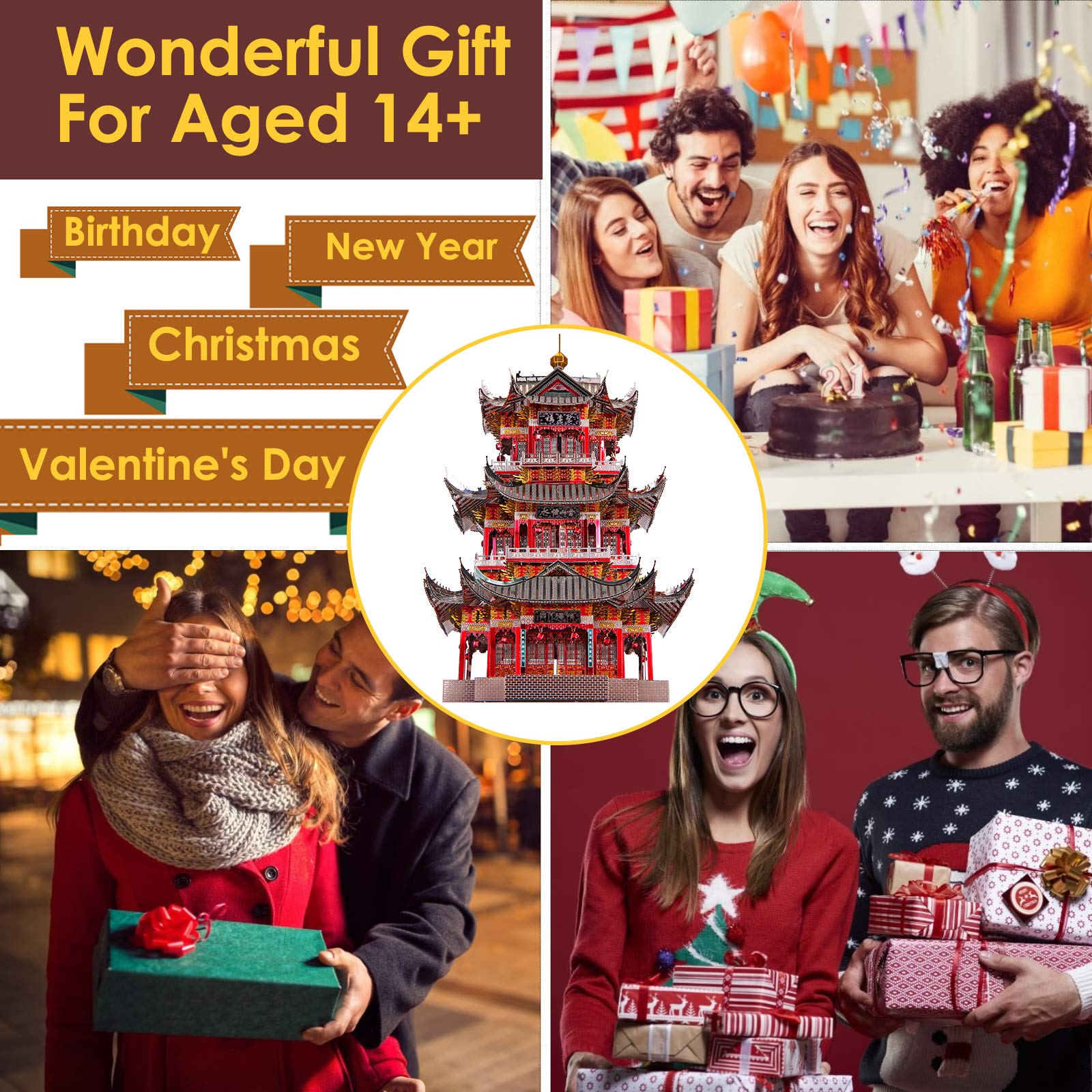 Piececool 3D Metal Puzzle for Adults, Juyuan Tower Metal Model Kits, Chinese Ancient Architecture Building Puzzles, Brain Teaser DIY Craft Toys Gifts - 303 Pcs