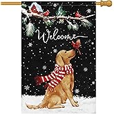 Heyfibro Welcome Winter Garden Flag 28 x 40 Inch Double Sided Burlap, Golden Retriever Dog Cardinal Yard Flags for Seasonal Christmas Farmhouse Decoration(ONLY FLAG)