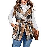 ZOMVA Women's Plus Size Plaid Long Vest Lapel Open Front Belted Sleeveless Shacket Casual Jackets Coat with Pockets Fall