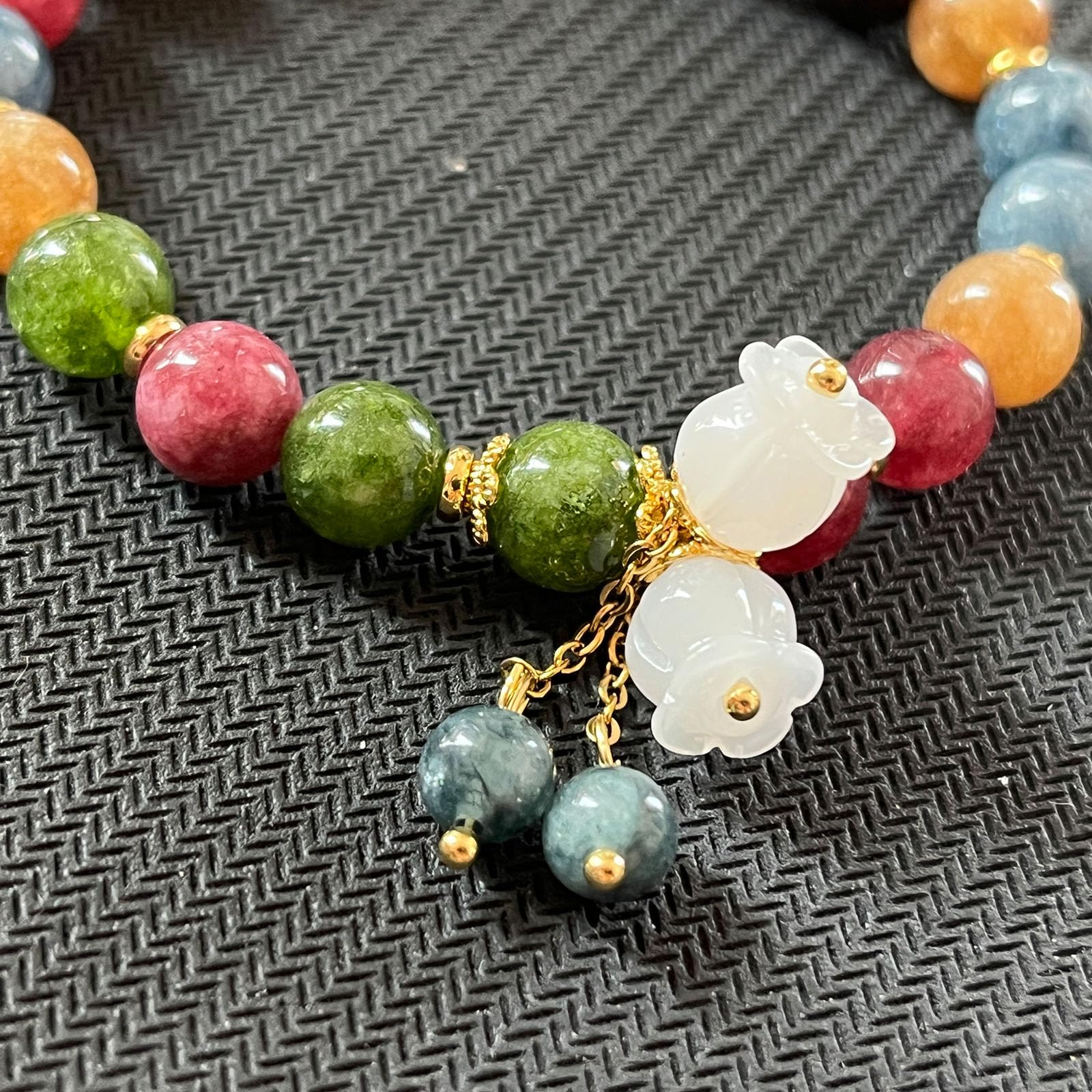 Pendant Charm Bracelet, Hand Carved Lily of the Valley Flower chain Bracelet, Natural Colored Crystal Beaded Flower Charm Bracelet, Good Luck Jade Bead Bracelet for Women