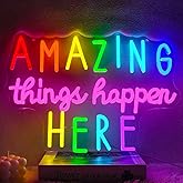 Runalosa Amazing Things Happen Here Neon Sign Dimmable Positive Letters Neon Light Sign for Wall Decor Colorful Led Sign for Bedroom Cafe Bar Classroom Party Decor Birthday Gift 16.5" x 12"