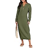 ANRABESS Women Long Sleeve Button V Neck Oversized Casual Loose Fit Waffle Knit Fall Midi Sweater Dress 2025 Trendy Outfits