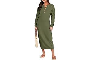 ANRABESS Women Long Sleeve Button V Neck Oversized Casual Loose Fit Waffle Knit Fall Midi Sweater Dress 2024 Trendy Outfits