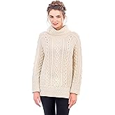 SAOL 100% Merino Wool Ladies Vented Roll Neck/Turtleneck Sweater Pullover Irish Cable Knitted Long Jumper