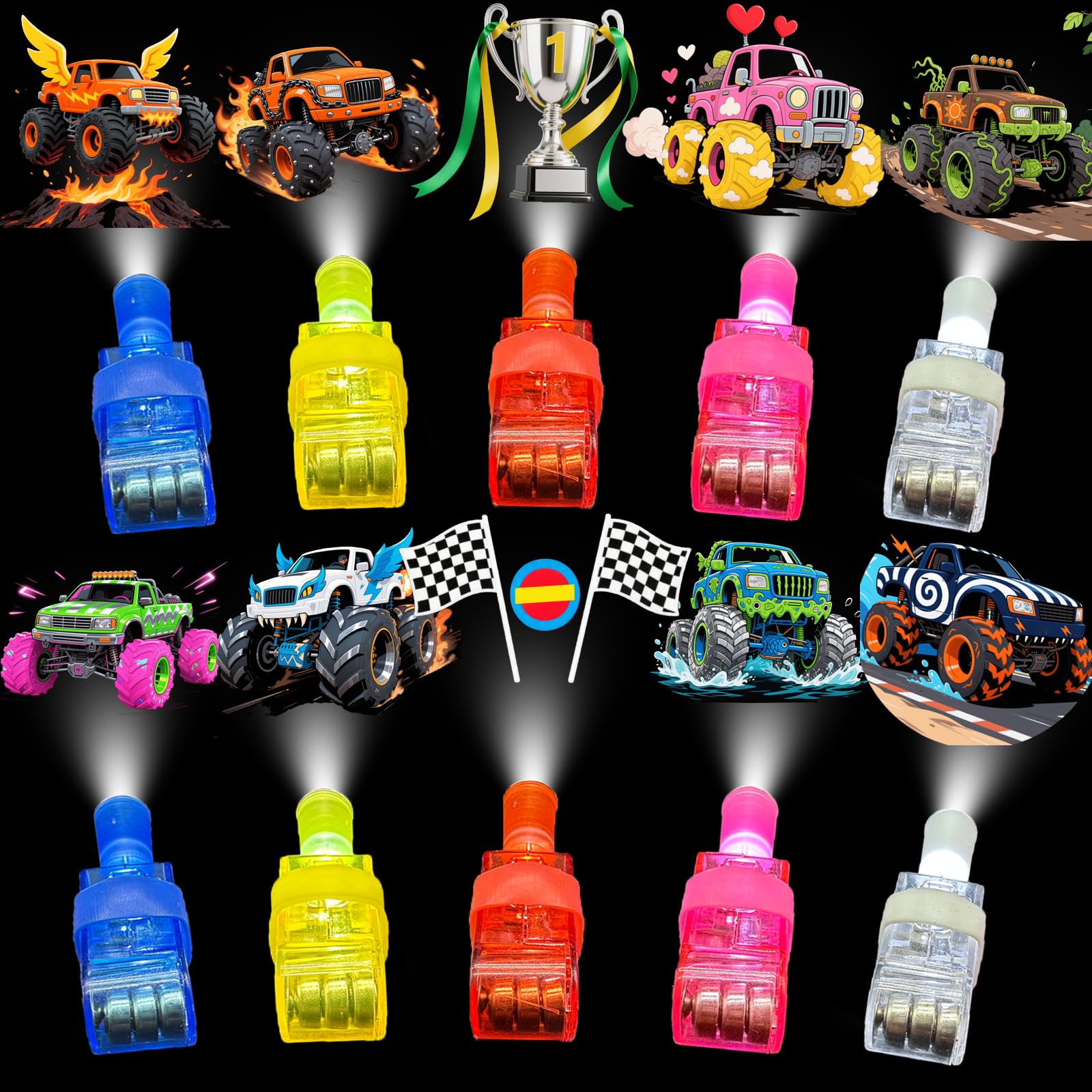 KCNVLCK 40 PCS Monster Vehicle Party Favours Goodie Bag Fillers - Kids LED Light Up Finger Lights Toys, Glow in The Dark Rave Accessories for Boys Girls Birthday Halloween Party Supplies — image 1