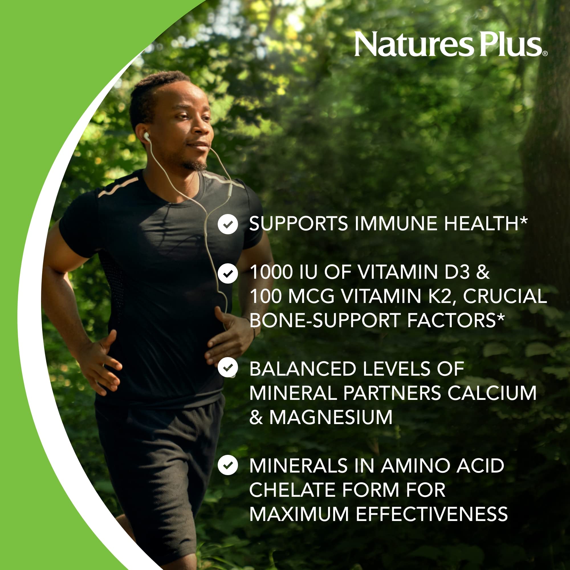 NaturesPlus Calcium/Magnesium/Vitamin D3 with Vitamin K2 - Supports Bone & Immune Health - Vegetarian, Gluten Free - 180 Tablets - 45 Servings