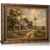 Vintage Gold Framed Wall Art Rustic Windmill Farmhouse Vintage 12x16in | Framed Rustic Windmill Farmhouse Vintage Canvas Prints Landscape Wall Art Print Ready To Hang Decor For Living Room Bedroom