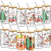Uiifan 12 Christmas Glass Cups with Lids Straws Brushes, Ice Coffee Glasses 16 oz Christmas Mason Jars Gifts for Teacher Nurse Friends Women Kids Men Coffee Cups Tea Bubble Tea Juice